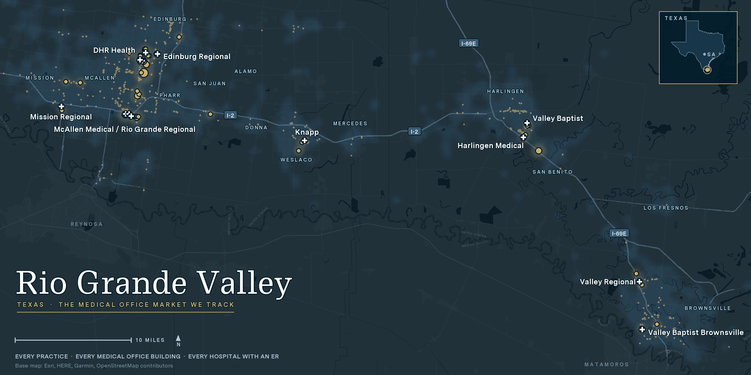 Map of Rio Grande Valley medical office buildings, practices and hospitals
