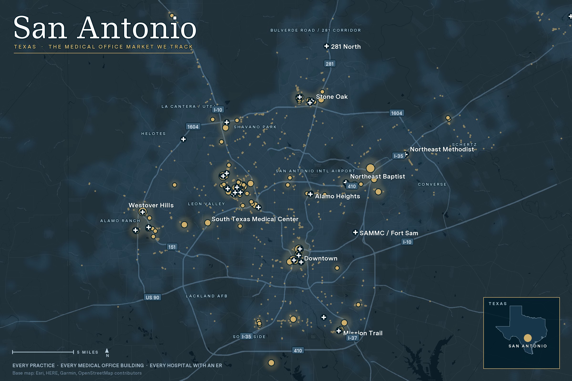 Map of San Antonio medical office buildings, practices and hospitals