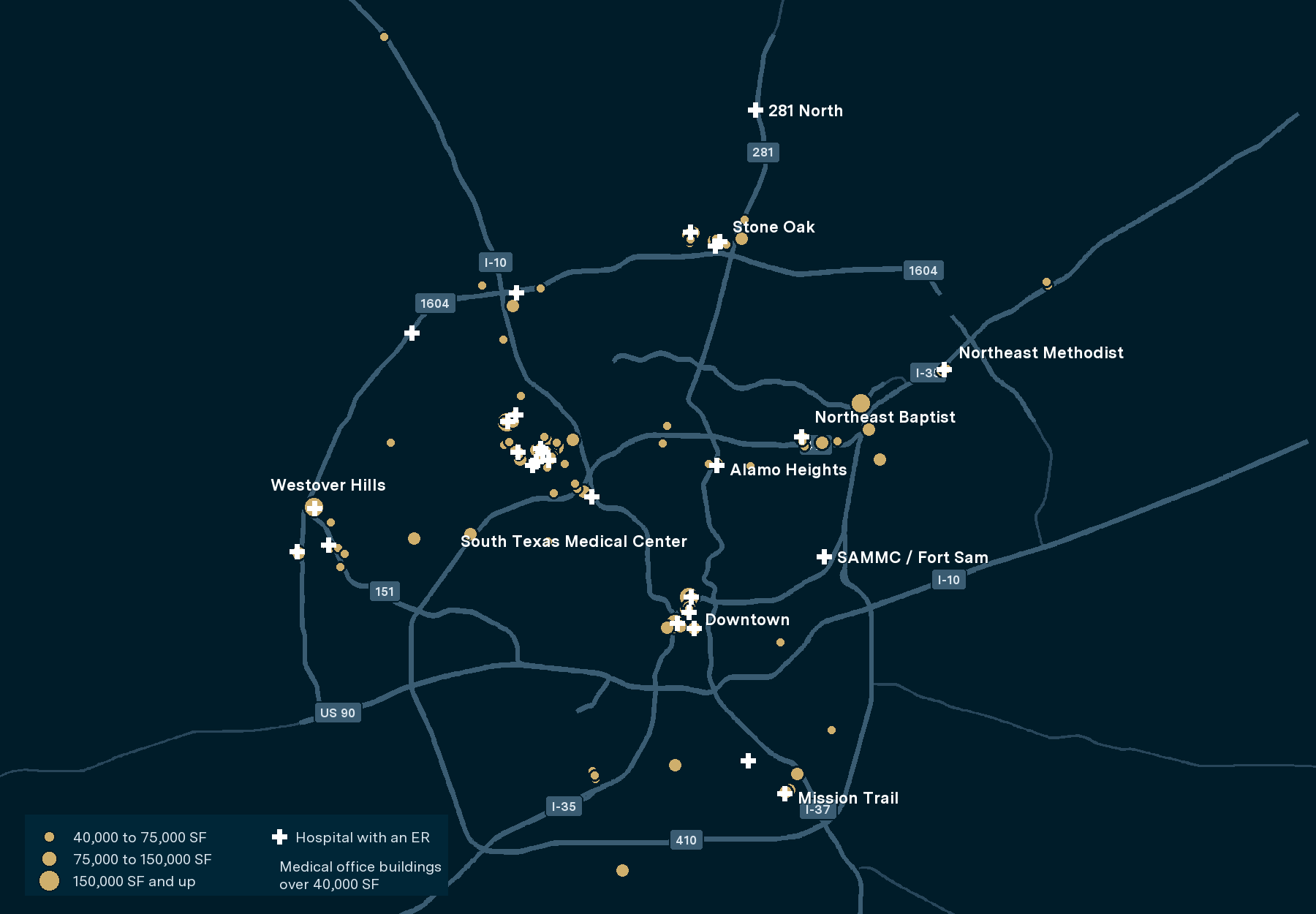 Map of San Antonio showing medical office buildings over 40,000 square feet and hospitals